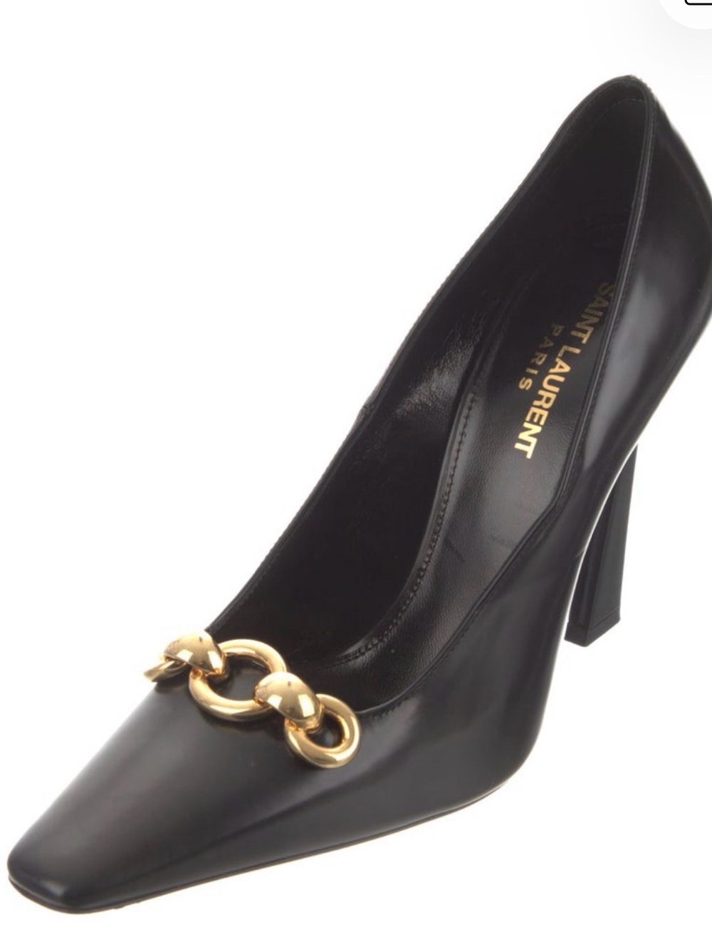 Saint Laurent Black Leather Pump with Gold Chain Accent - Picture 6 of 7